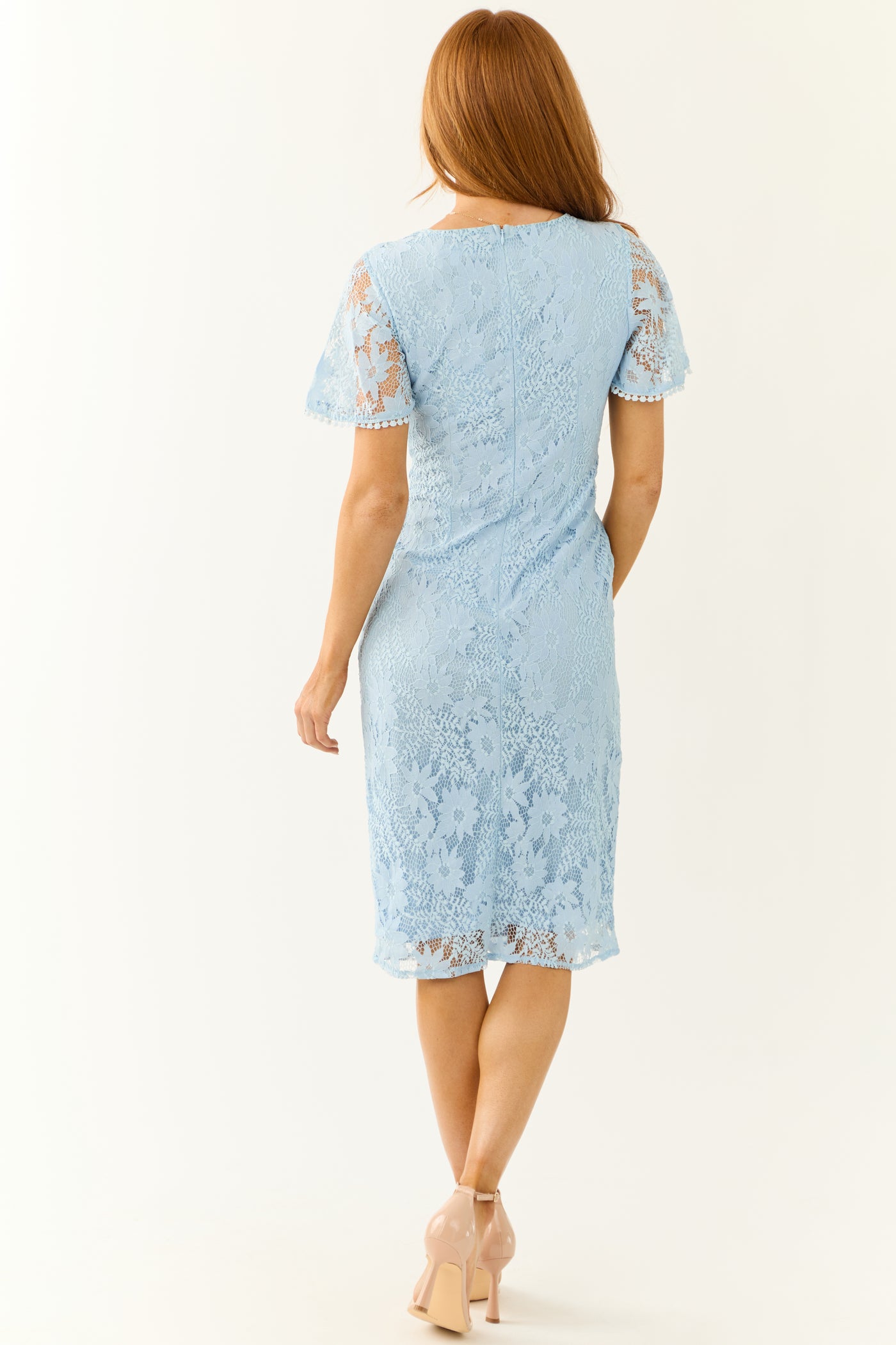 Baby Blue Lace Overlay Fitted Midi Dress