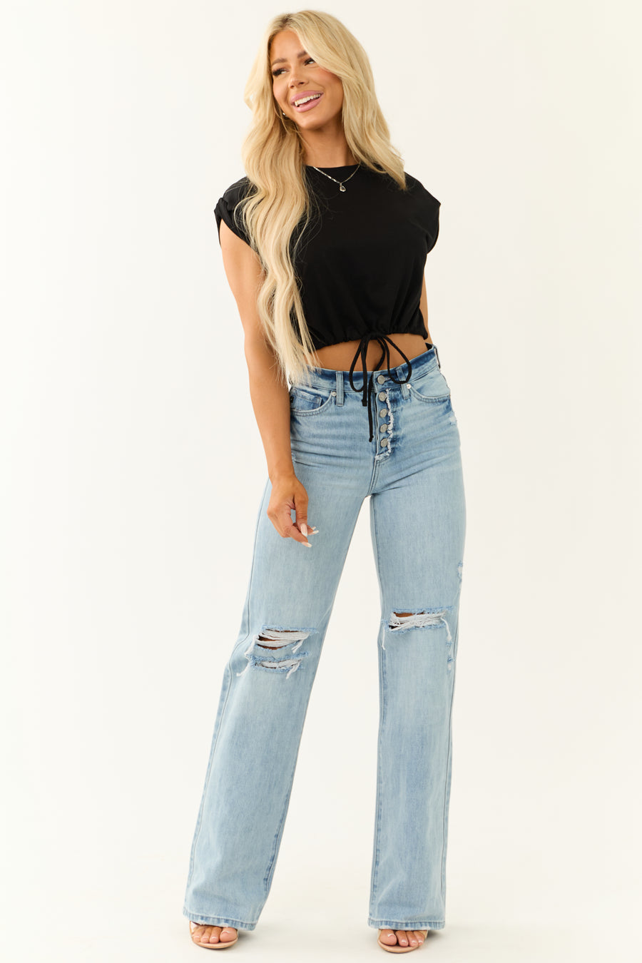 KanCan Light Wash Distressed Button Fly Wide Leg Jeans