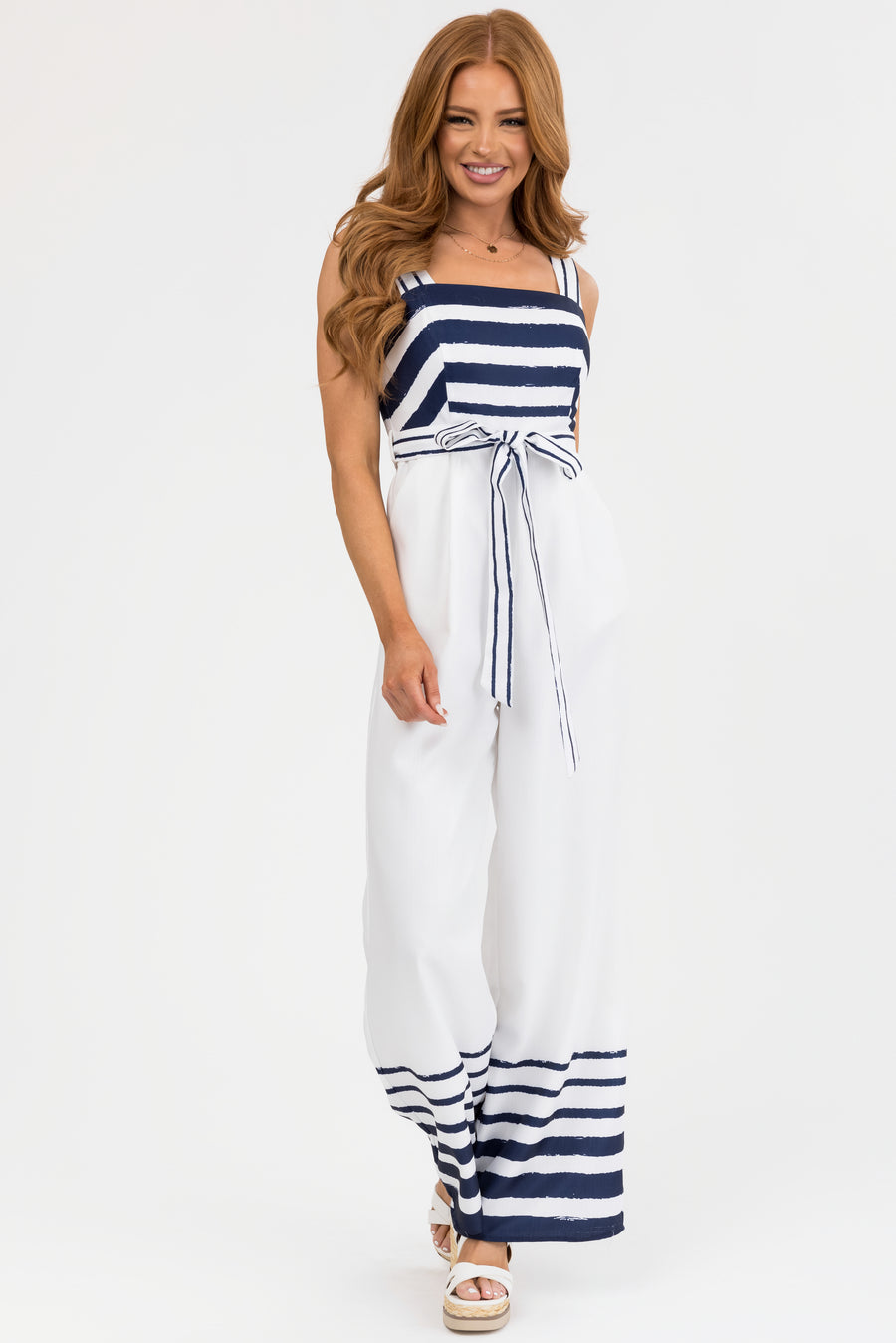 Navy and White Stripe Detail Wide Leg Jumpsuit