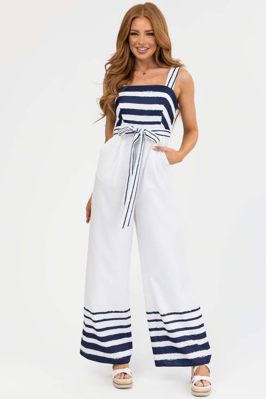 Navy and White Stripe Detail Wide Leg Jumpsuit